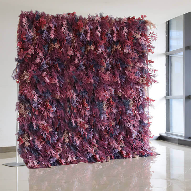 3D Purple Boho Wedding Decor Faux Spruce Leaf Flower Wall Backdrop-ubackdrop