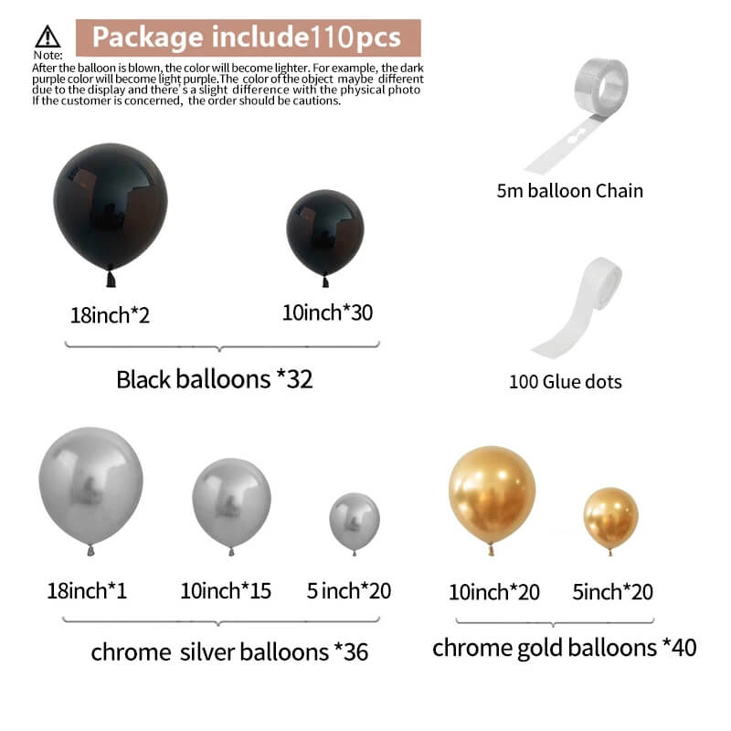 Black Gold Silver Birthday Balloon Garland Arch Kit-ubackdrop