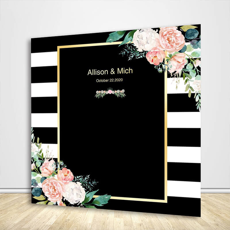 Black White Stripes Blush Floral Wedding Backdrop-ubackdrop