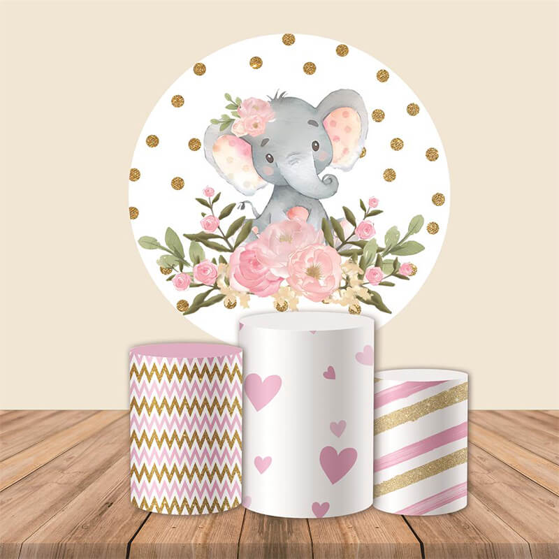 Elephant Baby Shower Girl Round Backdrop Cover-ubackdrop