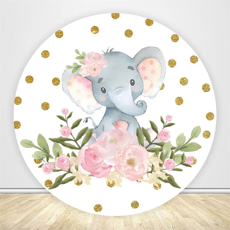 Elephant Baby Shower Girl Round Backdrop Cover-ubackdrop