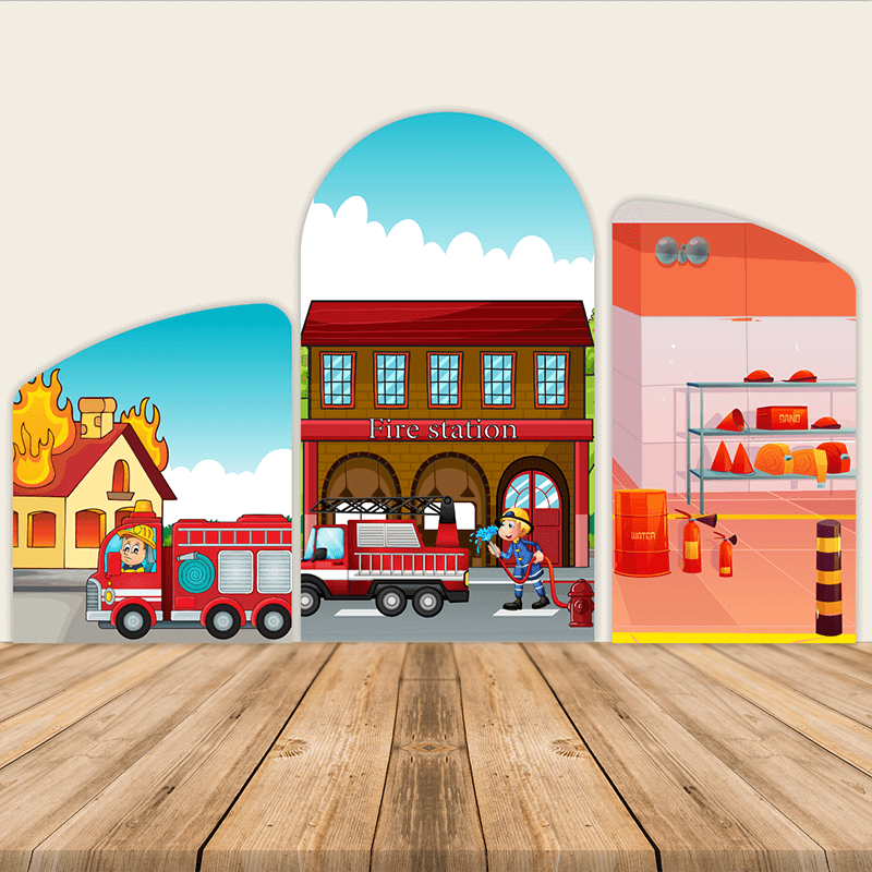 Fire Truck Theme Birthday Party Decoration Chiara Backdrop Arched Wall Covers ONLY-ubackdrop
