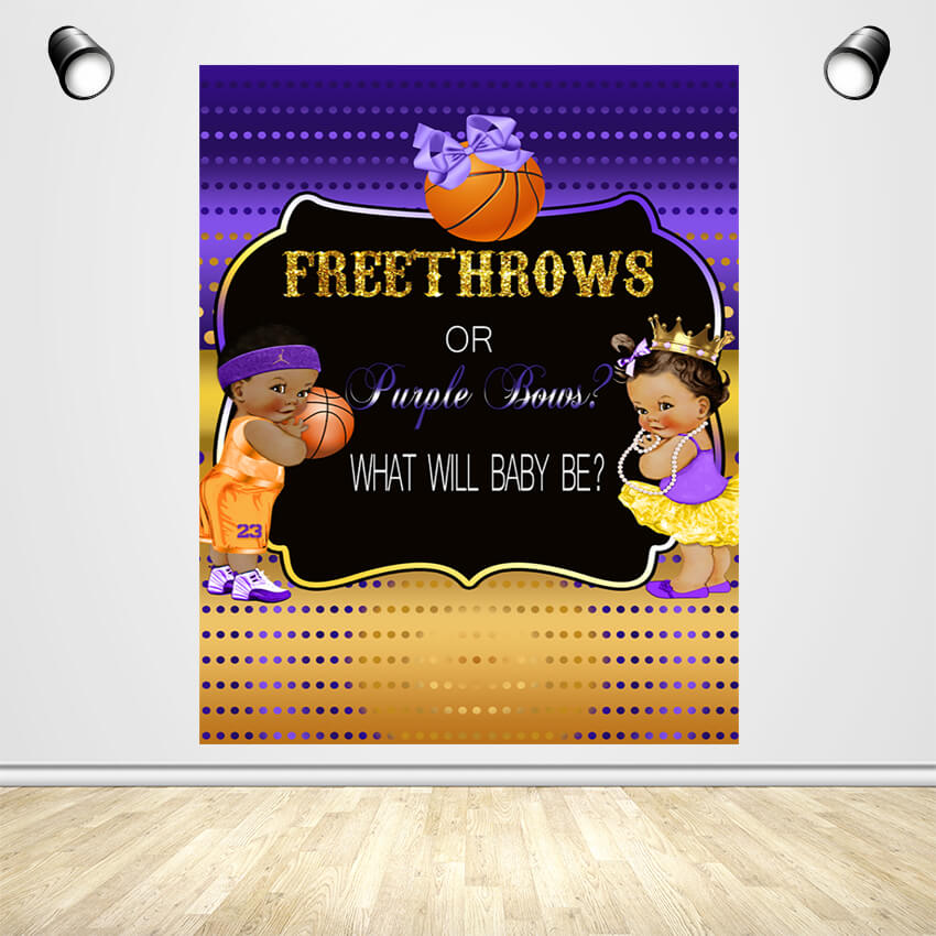 Free Throws or Purple Bows Gender Reveal Backdrop - Designed, Printed & Shipped-ubackdrop