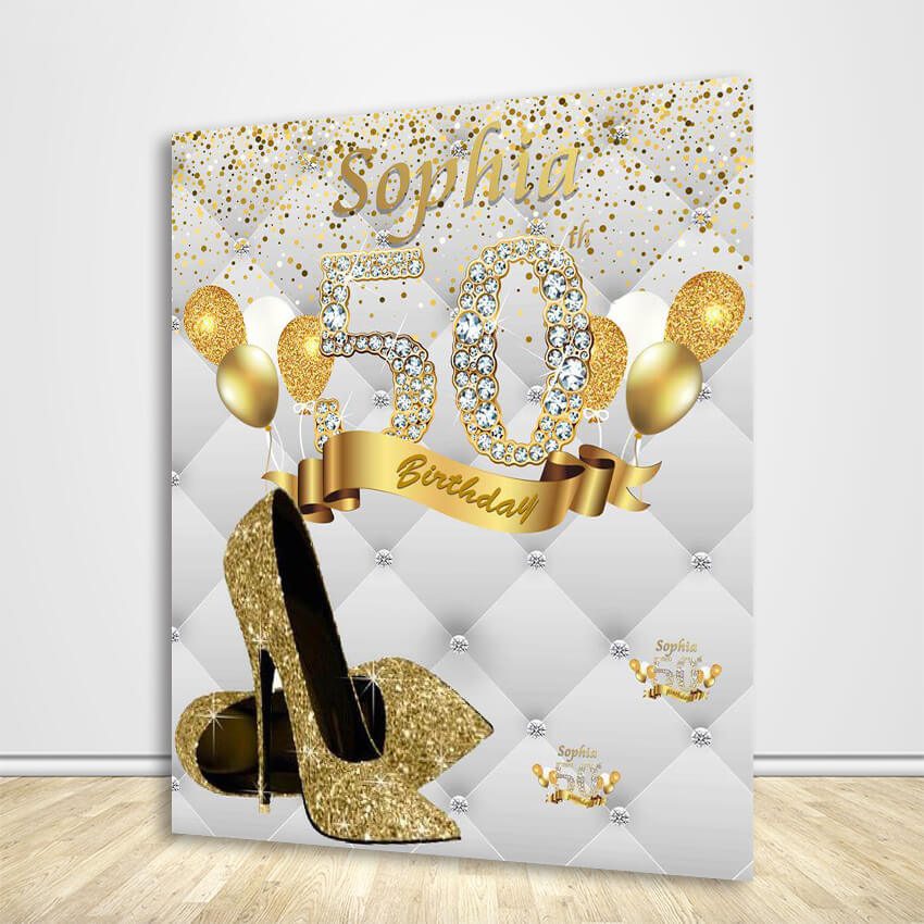 Gold and Silver Step and Repeat Birthday Backdrop with Heels - Designed, Printed & Shipped-ubackdrop