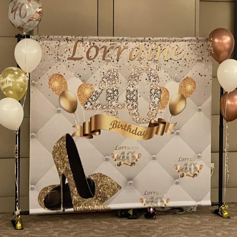 Gold and Silver Step and Repeat Birthday Backdrop with Heels - Designed, Printed & Shipped-ubackdrop