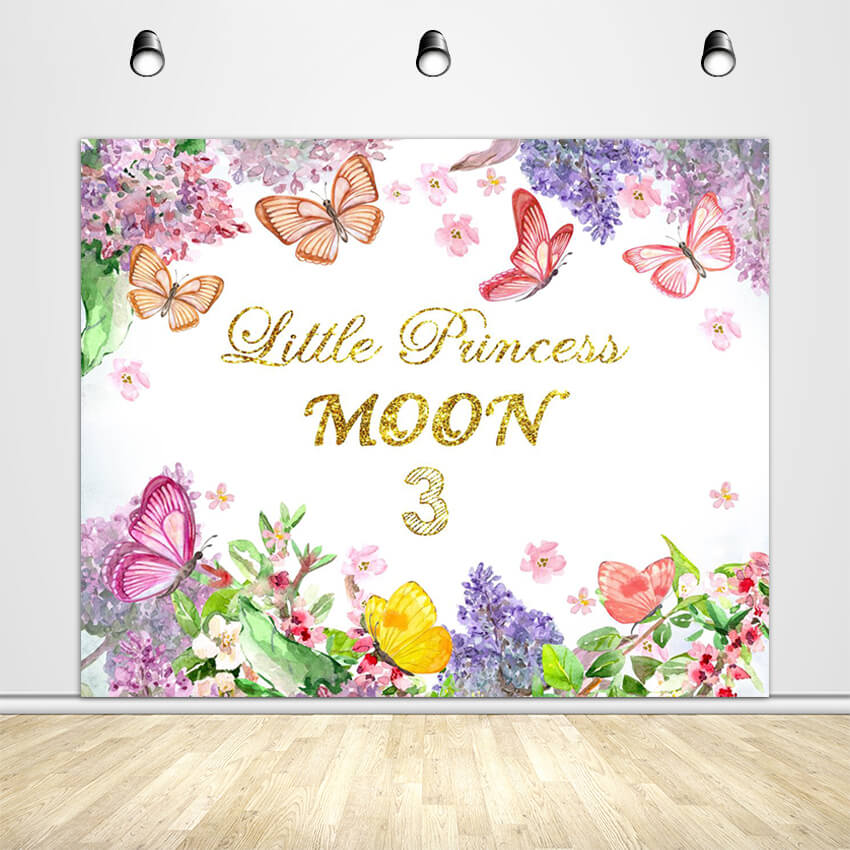 Floral Butterfly Backdrop Girl's Birthday Party Decoration - Designed, Printed & Shipped-ubackdrop