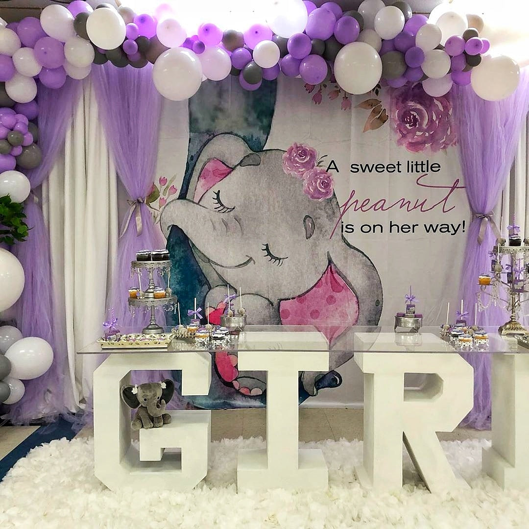 Elephant with Purple Flower for Baby Shower-ubackdrop