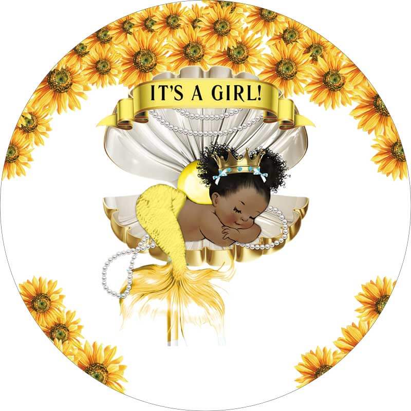 Mermaid Sunflower Baby Shower Round Backdrop Cover-ubackdrop