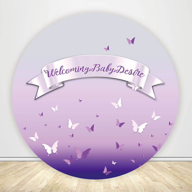 Purple Butterfly Baby Shower Round Backdrop Cover-ubackdrop