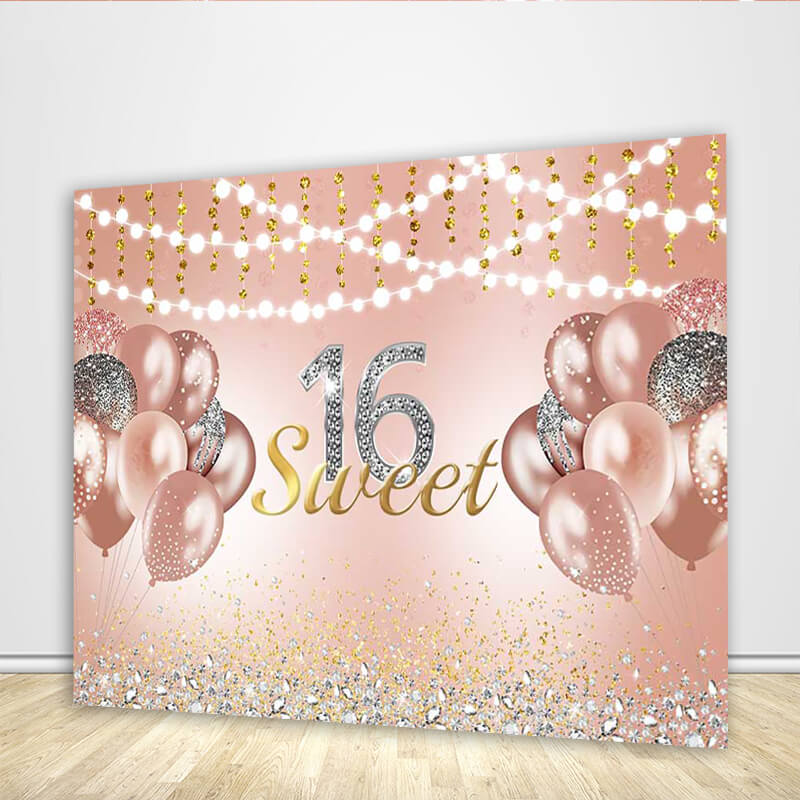 Sweet 16 Rose Gold Balloons Backdrop-ubackdrop