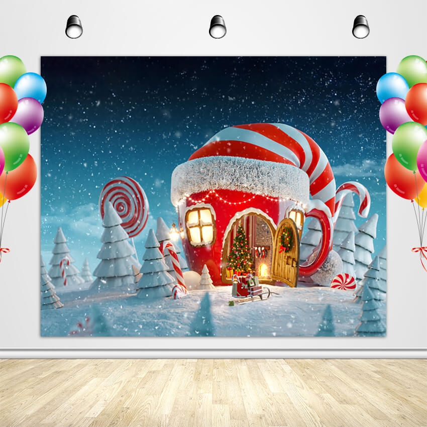 Christmas Photography Backdrop Christmas Hat House Lollipop Christmas Cane Backdrop - Designed, Printed & Shipped-ubackdrop