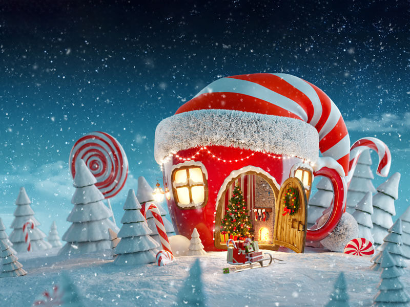 Christmas Photography Backdrop Christmas Hat House Lollipop Christmas Cane Backdrop - Designed, Printed & Shipped-ubackdrop