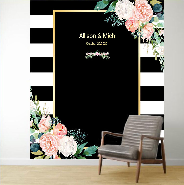 Black White Stripes Blush Floral Wedding Backdrop-ubackdrop