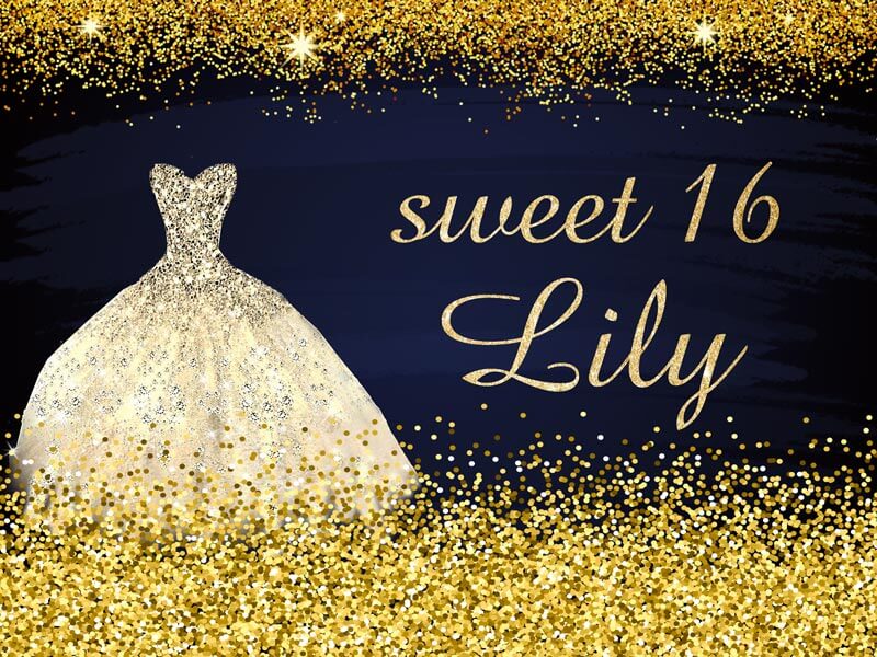Gold and Black Sweet 16 Backdrop Girls 16th Birthday Party Decoration - Designed, Printed and Shipped-ubackdrop