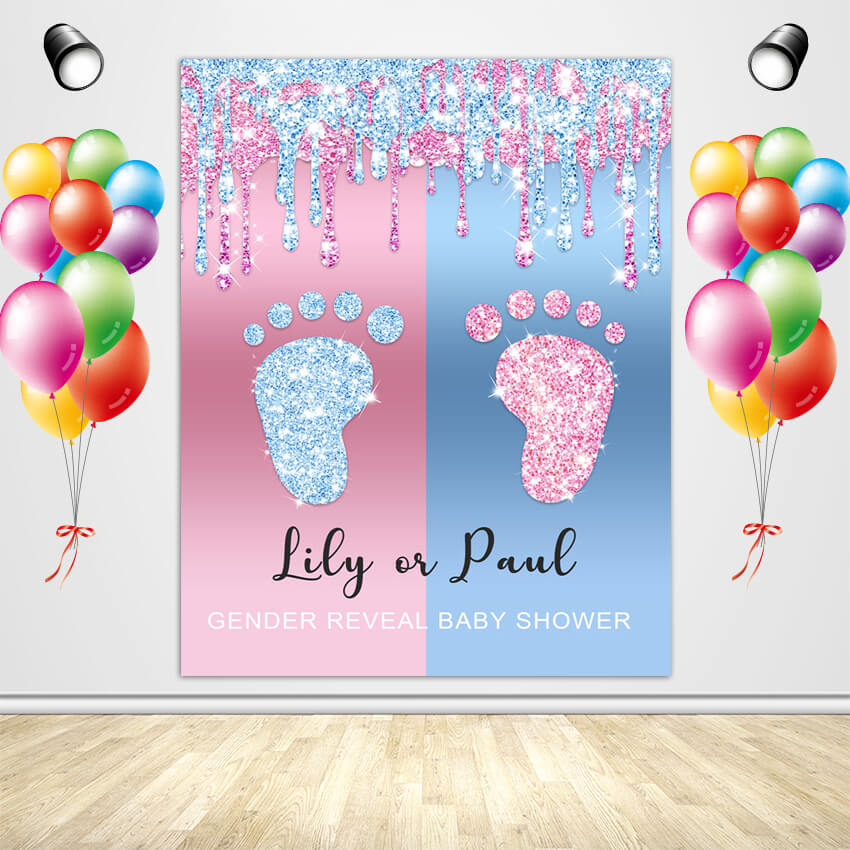 Blue or Pink Gender Reveal Backdrop Footprint Baby Shower Backdrop - Designed, Printed and Shipped-ubackdrop
