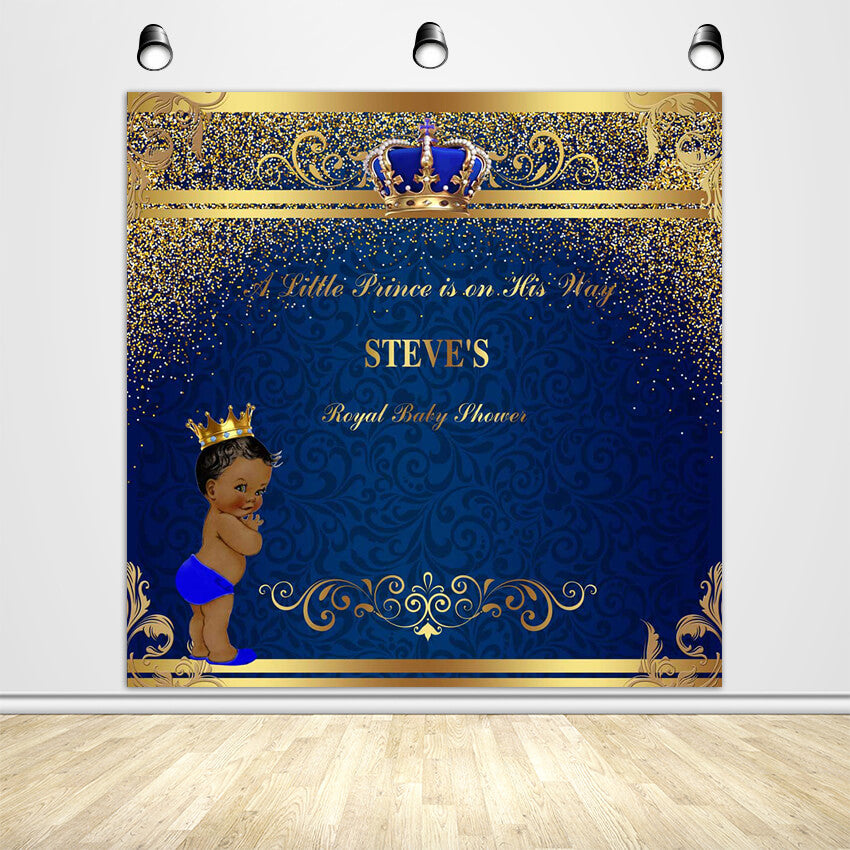Blue and Gold Royal Prince Baby Shower Backdrop - Designed, Printed & Shipped-ubackdrop