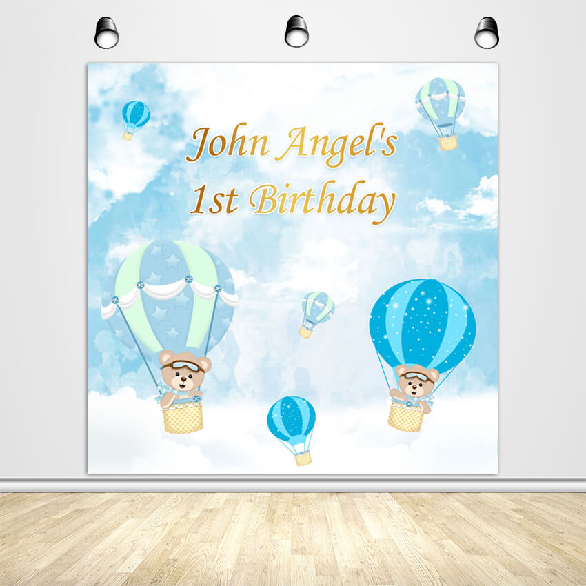 Bear and Hot Air Balloon Backdrop for 1st Birthday Party Decoration - Designed, Printed & Shipped-ubackdrop