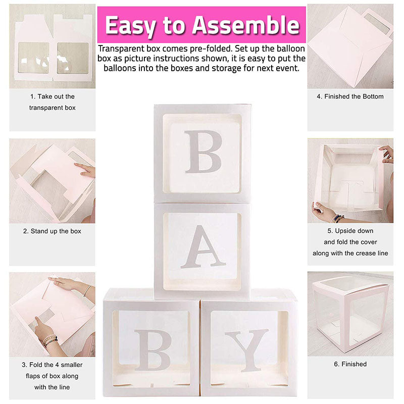 Baby Shower Boxes Party Decorations – 4pcs Transparent Balloons Boxes Décor with Letters-ubackdrop