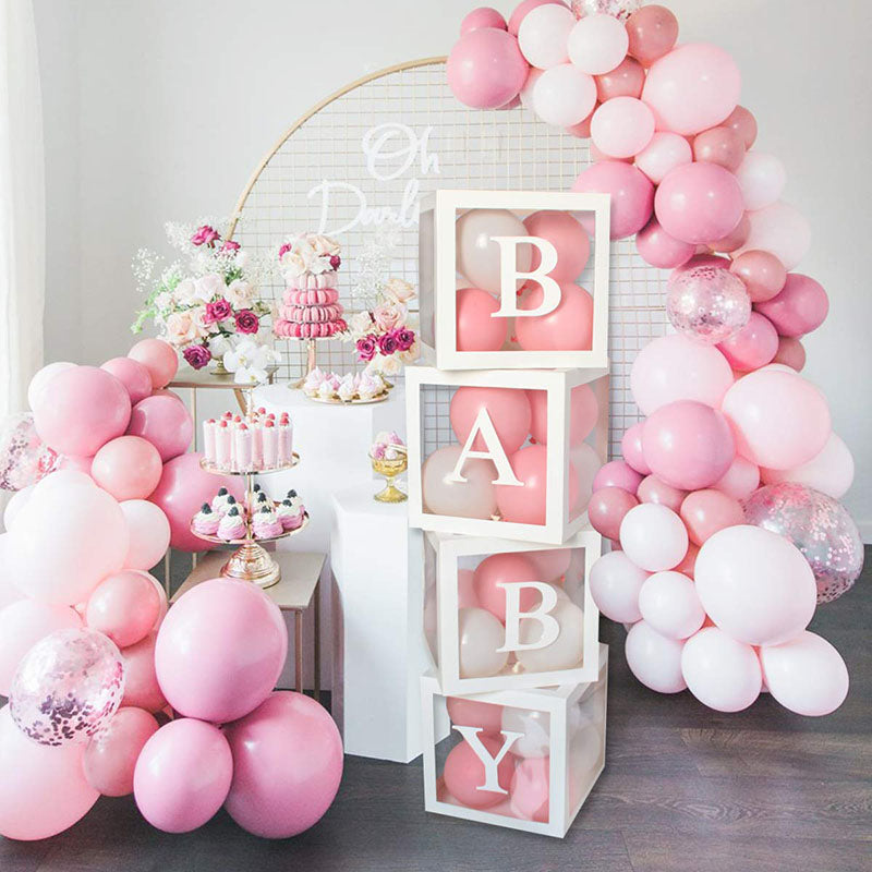 Baby Shower Boxes Party Decorations – 4pcs Transparent Balloons Boxes Décor with Letters-ubackdrop