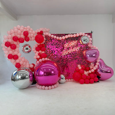 Pink & Silver Heart Party Backdrop Decoration Set – Shimmer Wall Panels, Balloon Arch & Mirror Balloons for Birthday, Wedding & Event Photo Booth
