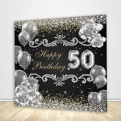 Women 50th Birthday Backdrop Black Silver Glitter Diamonds Balloons-ubackdrop