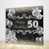 Women 50th Birthday Backdrop Black Silver Glitter Diamonds Balloons
