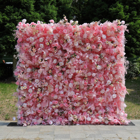 5D Boho Pink Fabric Artificial Flower Wall Event Decoration-ubackdrop