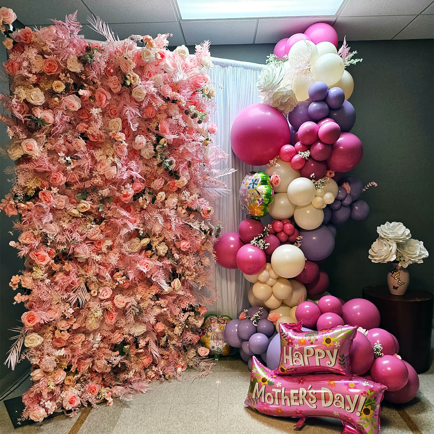 5D Boho Pink Fabric Artificial Flower Wall Event Decoration-ubackdrop