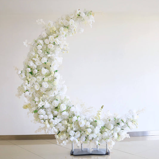 6.5ft White Roses Moon Shaped Fabric Artificial Flower Wall Wedding Party Decor-ubackdrop