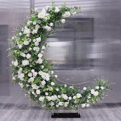 6.5ft White and Green Roses Moon Shaped Fabric Artificial Flower Wall Birthday Party Decor