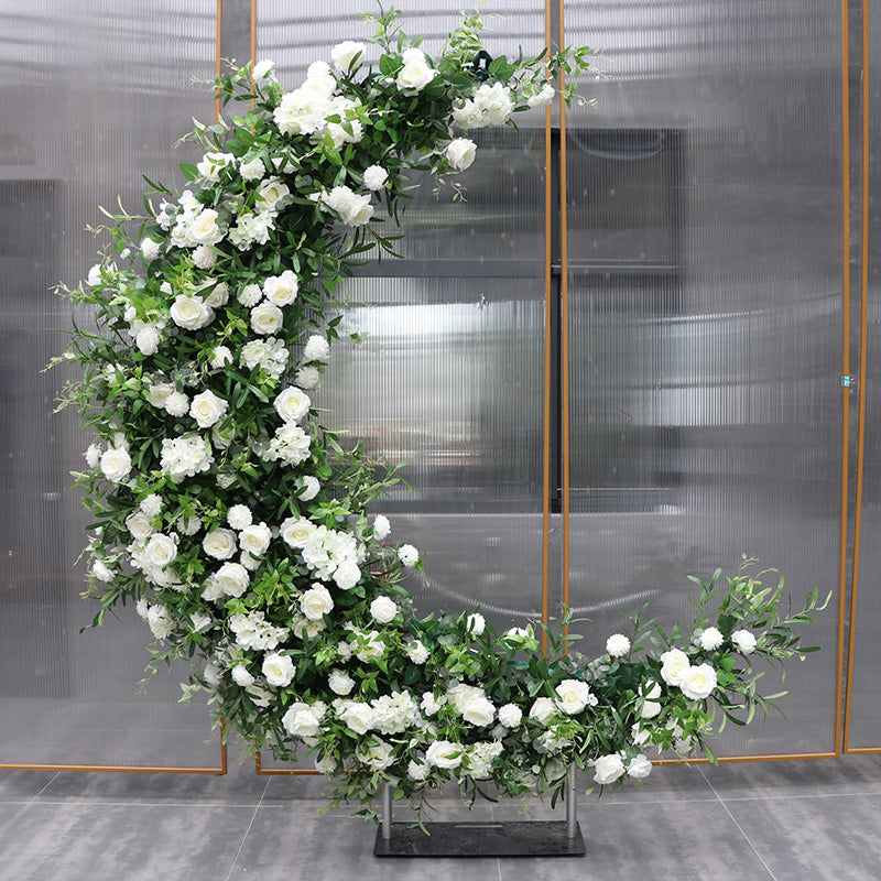 6.5ft White and Green Roses Moon Shaped Fabric Artificial Flower Wall Birthday Party Decor-ubackdrop