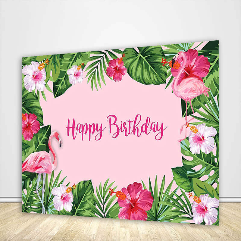 Pink Flower and Flamingo Birthday Party Backdrop-ubackdrop