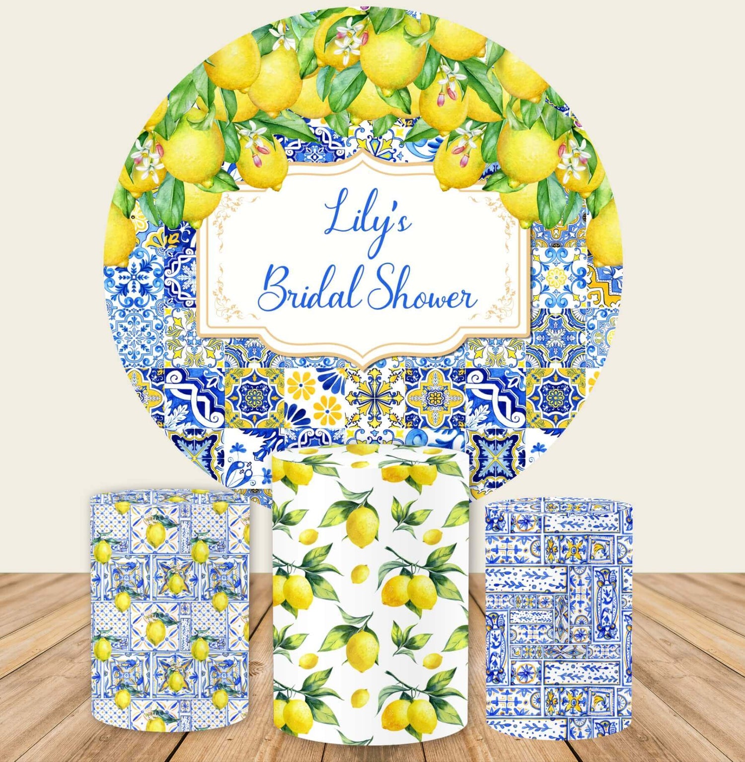 Mediterranean Lemon Patchwork Bridal Shower Round Backdrop Cover-ubackdrop