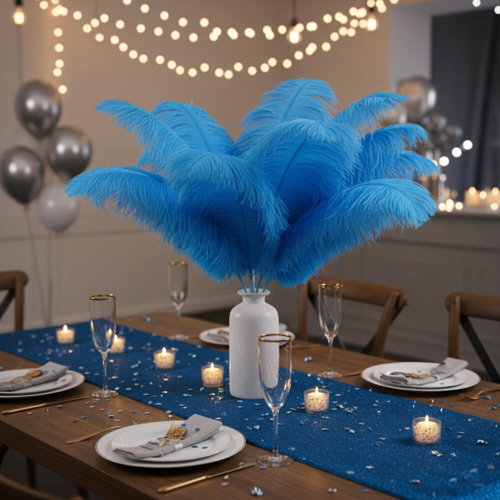 24"-26" Blue Natural Ostrich Feathers Centerpiece Filler