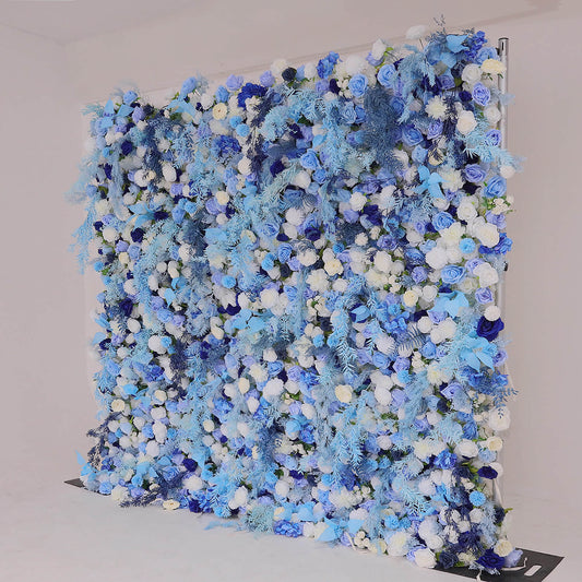 Blue Roses Fabric Flower Wall Backdrop for Baby Shower