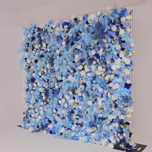 Blue Roses Fabric Flower Wall Backdrop for Baby Shower-ubackdrop