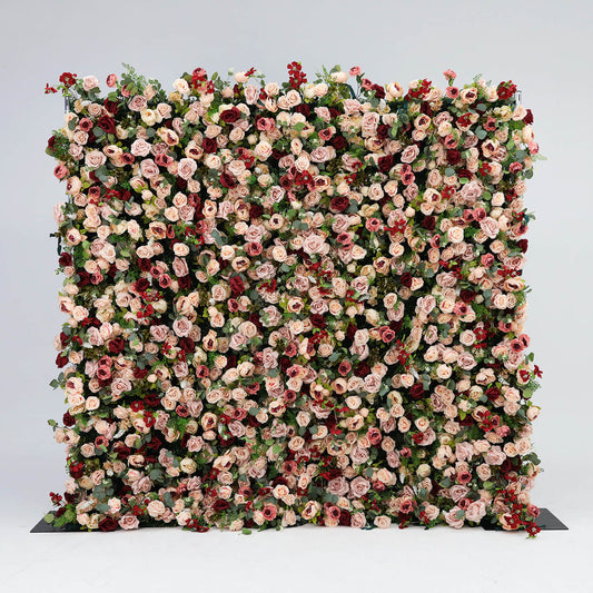 Luxury Flower Wall with Burgundy and Pink Roses for Elegant Celebrations-ubackdrop