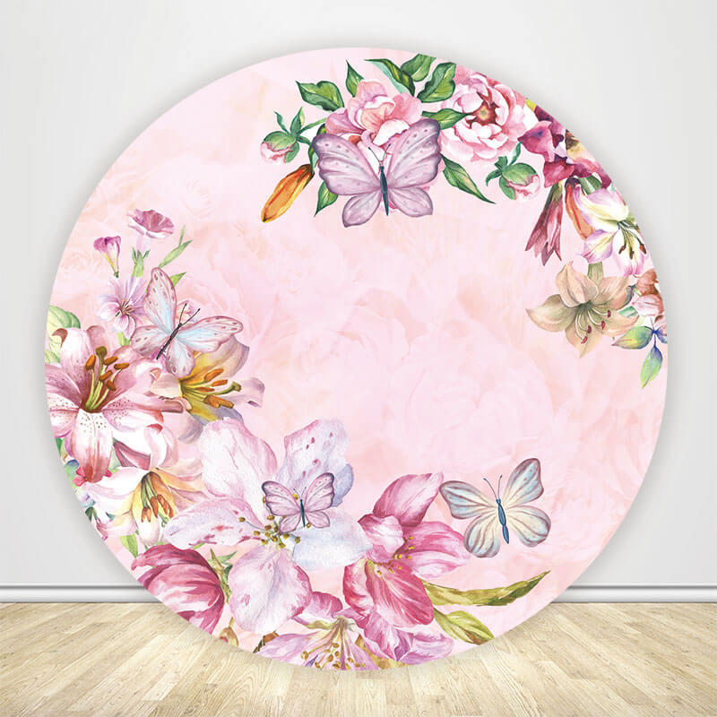 Butterflies Flowers Pink Wedding Party Round Backdrop Cover-ubackdrop