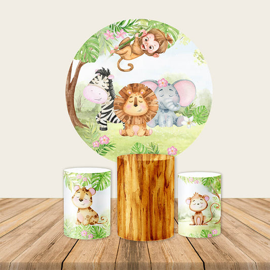 Cartoon Animals Safari 1st Birthday Round Backdrop Cover-ubackdrop