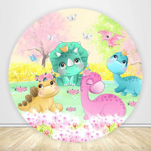 Cartoon Baby Dinosaur Newborn Baby Party Round Backdrop-ubackdrop