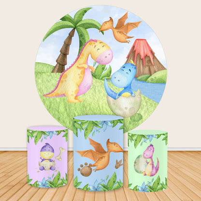 Cartoon Dinosaurs 1st Birthday Round Backdrop Cover-ubackdrop