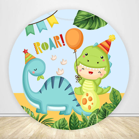 Cartoon Dinosaurs Birthday Round Backdrop Cover-ubackdrop