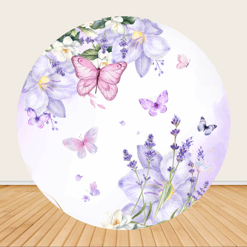 Circle Purple Butterfly Rose Happy Birthday Backdrop-ubackdrop