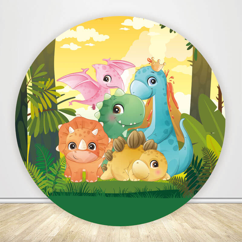Cute Dinosaur Birthday Round Backdrop Cover-ubackdrop