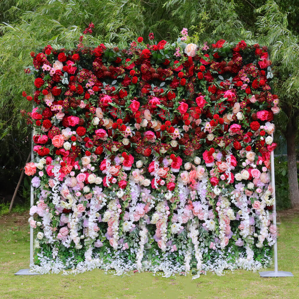 3D Gradient Red Fabric Artificial Flower Wall Wedding Party Decor-ubackdrop
