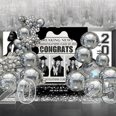 Graduation Party Silver Décor Set – Inflatable Mirror Balls, Custom LED Neon Numbers & Rectangular Backdrop Wall Kit