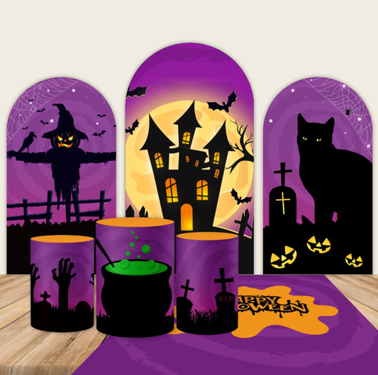 Halloween Cartoon Castle Arched Wall Cover-ubackdrop
