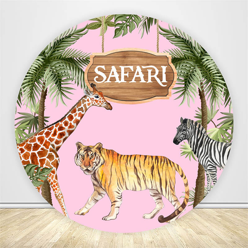 Jungle Wild Pink Themed Baby Shower Party Round Backdrop-ubackdrop