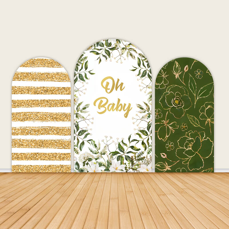 Leaves Floral Stripe Oh Baby Shower Party Backdrop-ubackdrop
