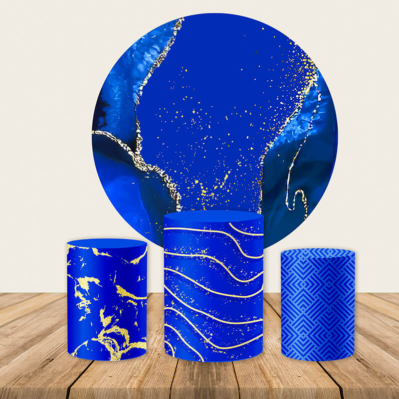 Luxury Blue Gold Marble Birthday Party Backdrop Round Cover-ubackdrop